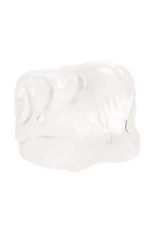 Frosted white T-Rex skull glass hand pipe showing sculpted eye sockets, jawline, and teeth on a clean white studio background.