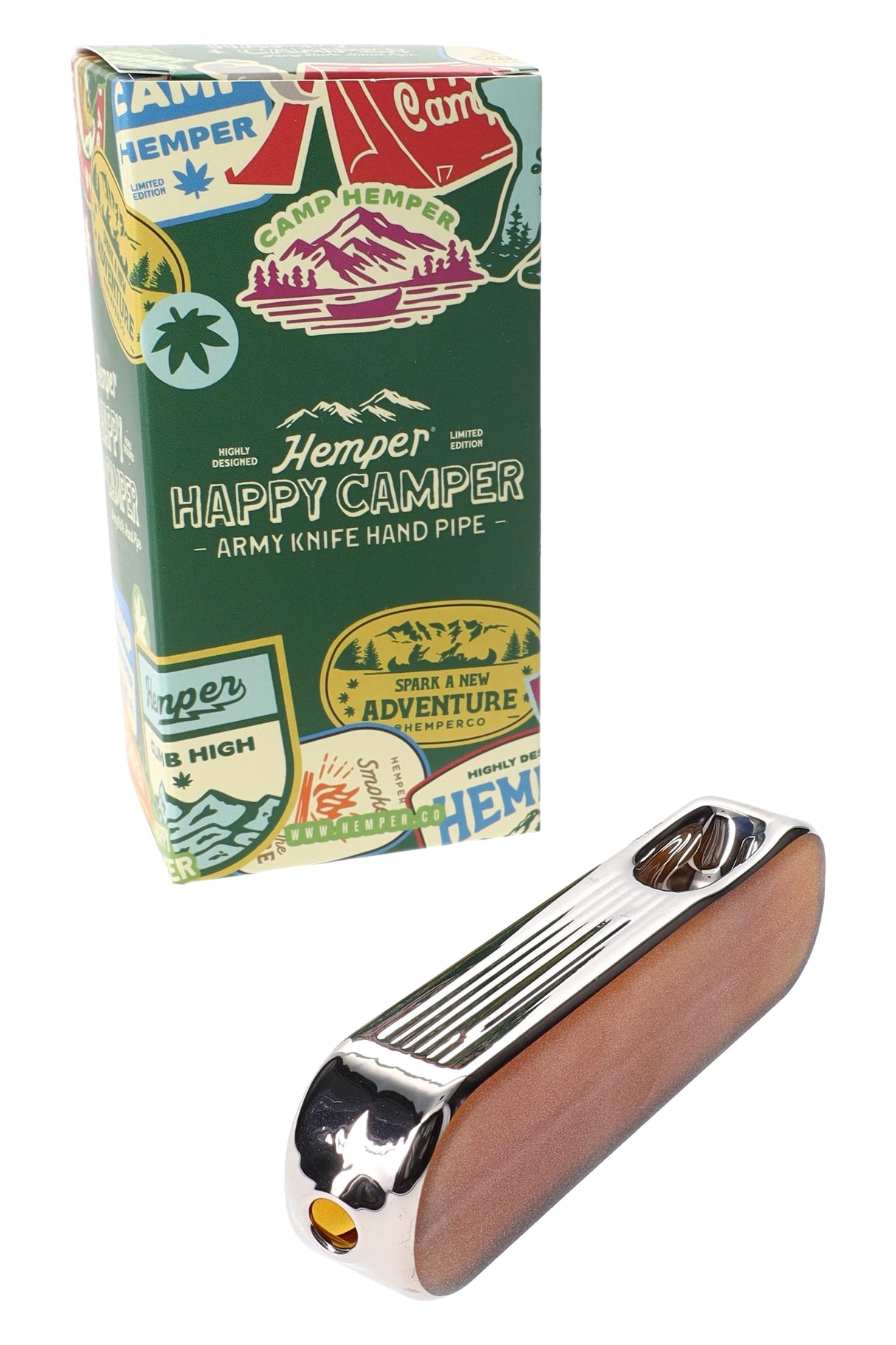 Hemper Happy Camper army knife hand pipe posed in front of a green camp-themed retail box, ready for shelf display.