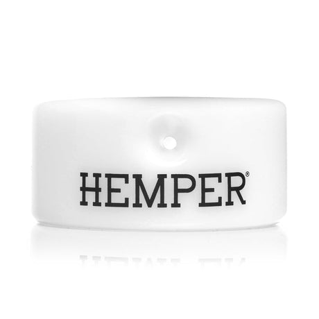 Side view of Hemper Yin Yang puck-style hand pipe with HEMPER logo on opaque white glass body and carb