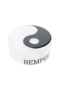 Top angle of Hemper Yin Yang puck glass hand pipe, glossy black-and-white symbol over opaque white base