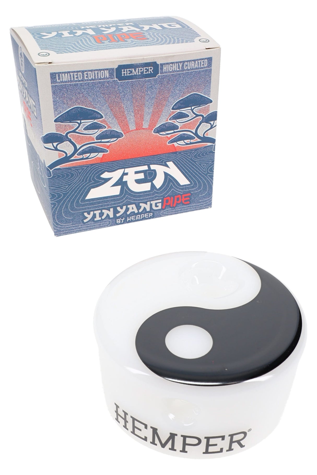 Hemper Yin Yang puck-style glass hand pipe with retail box, opaque white body and black yin-yang top