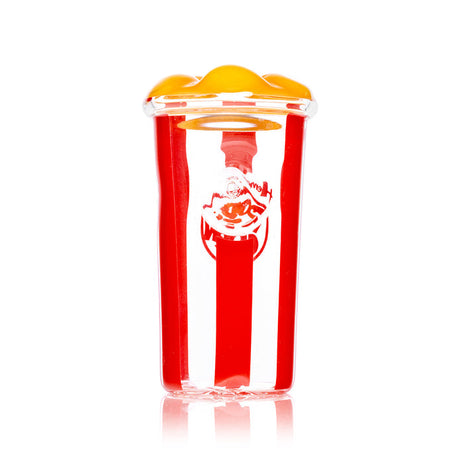 Rear angle of Hemper popcorn bucket hand pipe showing bowl placement under rim and stable cup-shaped base