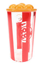 Front view of Hemper popcorn-themed glass hand pipe showing yellow “kernels” and striped bucket body, 4″ size