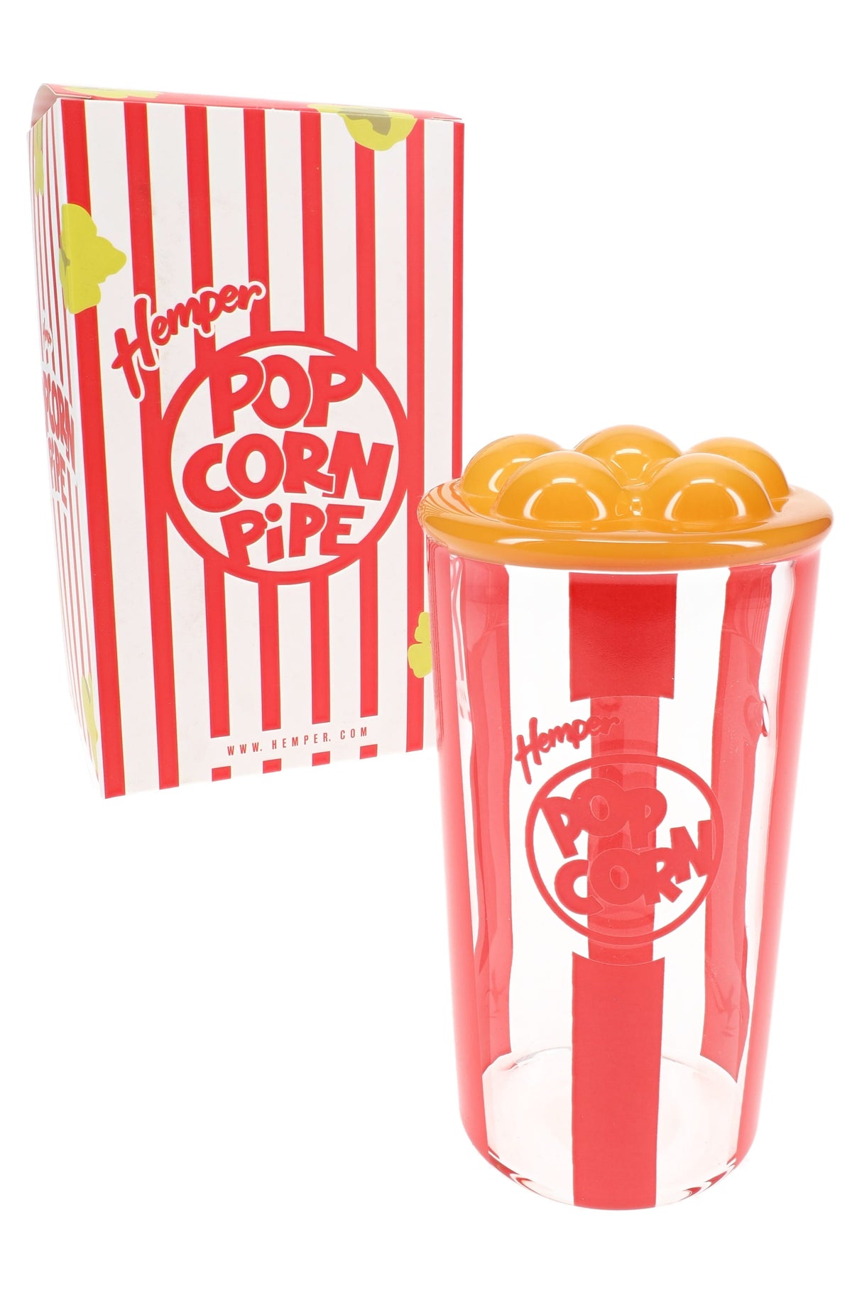 Hemper popcorn bucket glass hand pipe with red-and-white stripes beside branded retail box, shelf-ready display