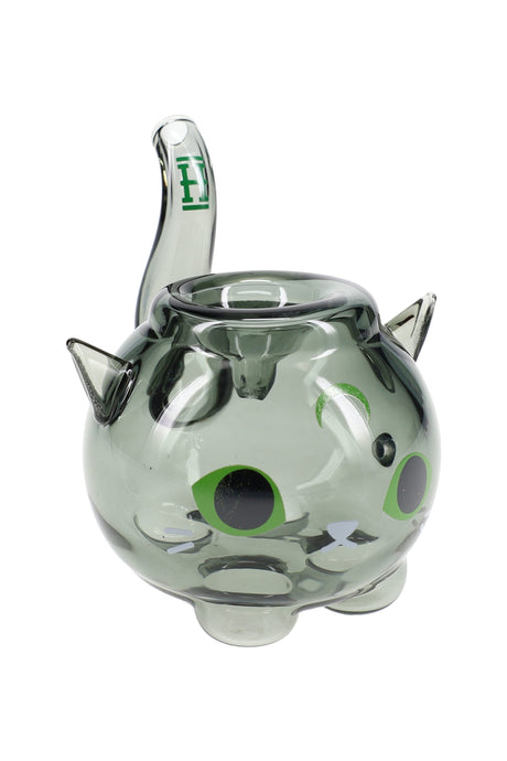 Angled view of Black Cat borosilicate hand pipe showing cat ears, feet details, and curved tail mouthpiece