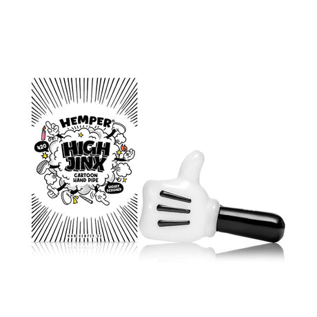 Hemper High Jinx hand pipe beside matching retail box, side profile showing chunky cartoon shape and compact size