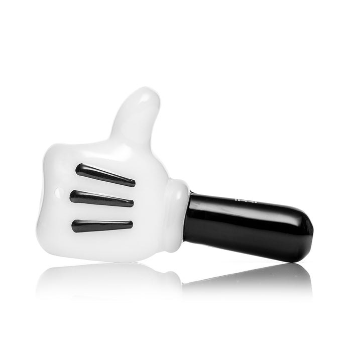 Side view of High Jinx cartoon hand glass pipe with black mouthpiece opening, clean white finish, and bold outline