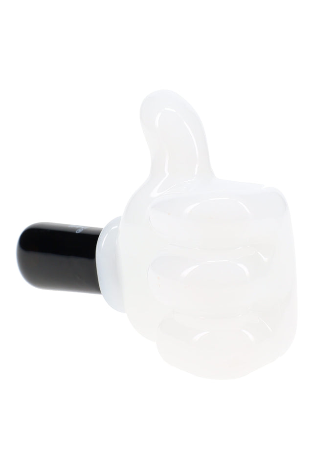 Close-up of glossy white thumbs-up glass hand pipe showing black handle, accent lines, and smooth rounded finish