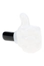 Close-up of glossy white thumbs-up glass hand pipe showing black handle, accent lines, and smooth rounded finish