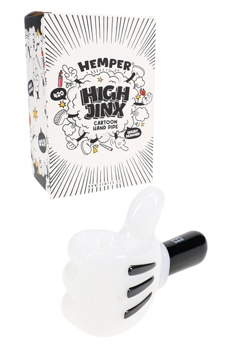 Hemper High Jinx cartoon glass hand pipe with branded box, glossy white thumbs-up and black mouthpiece handle