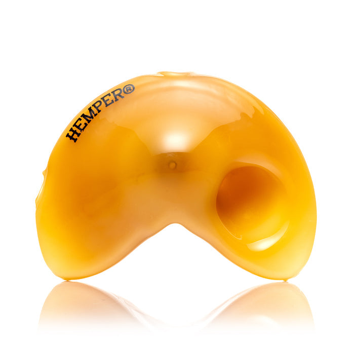 Close-up of Hemper Fortune Cookie glass pipe highlighting the sculpted cookie shape and shiny yellow colorway