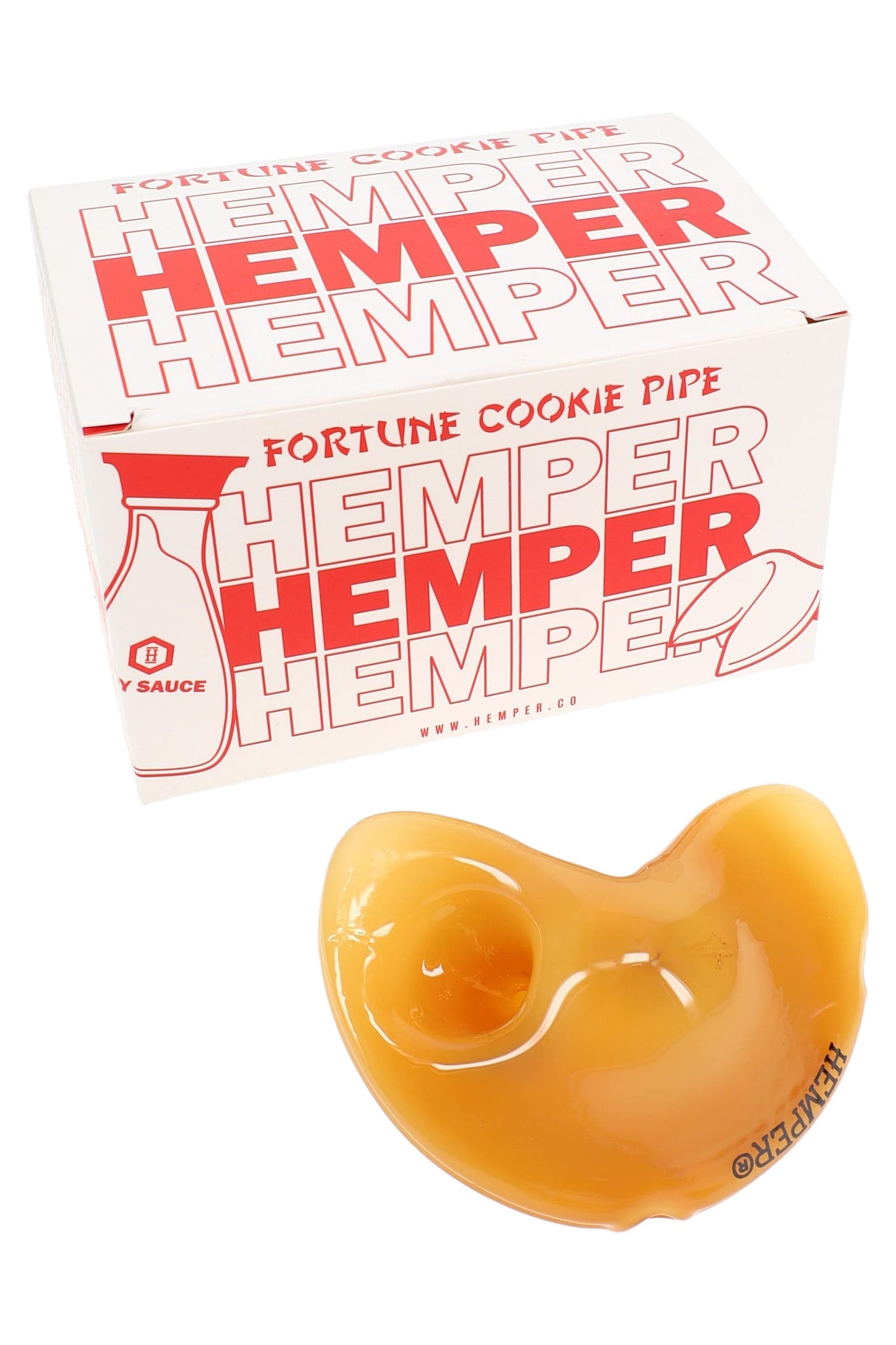 Hemper Fortune Cookie glass hand pipe with branded box, glossy yellow finish and compact 3″ palm-friendly shape