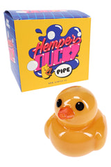 Hemper Ducky glass hand pipe with branded box, bright yellow duck design with orange beak in compact 3″ size
