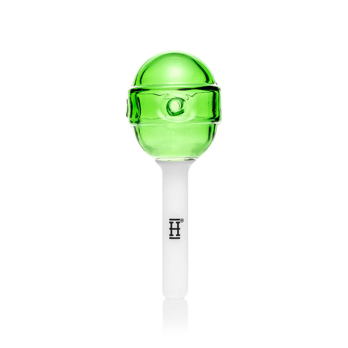 Straight-on view of translucent green lollipop glass hand pipe with white stick and Hemper logo print
