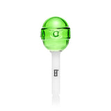 Straight-on view of translucent green lollipop glass hand pipe with white stick and Hemper logo print