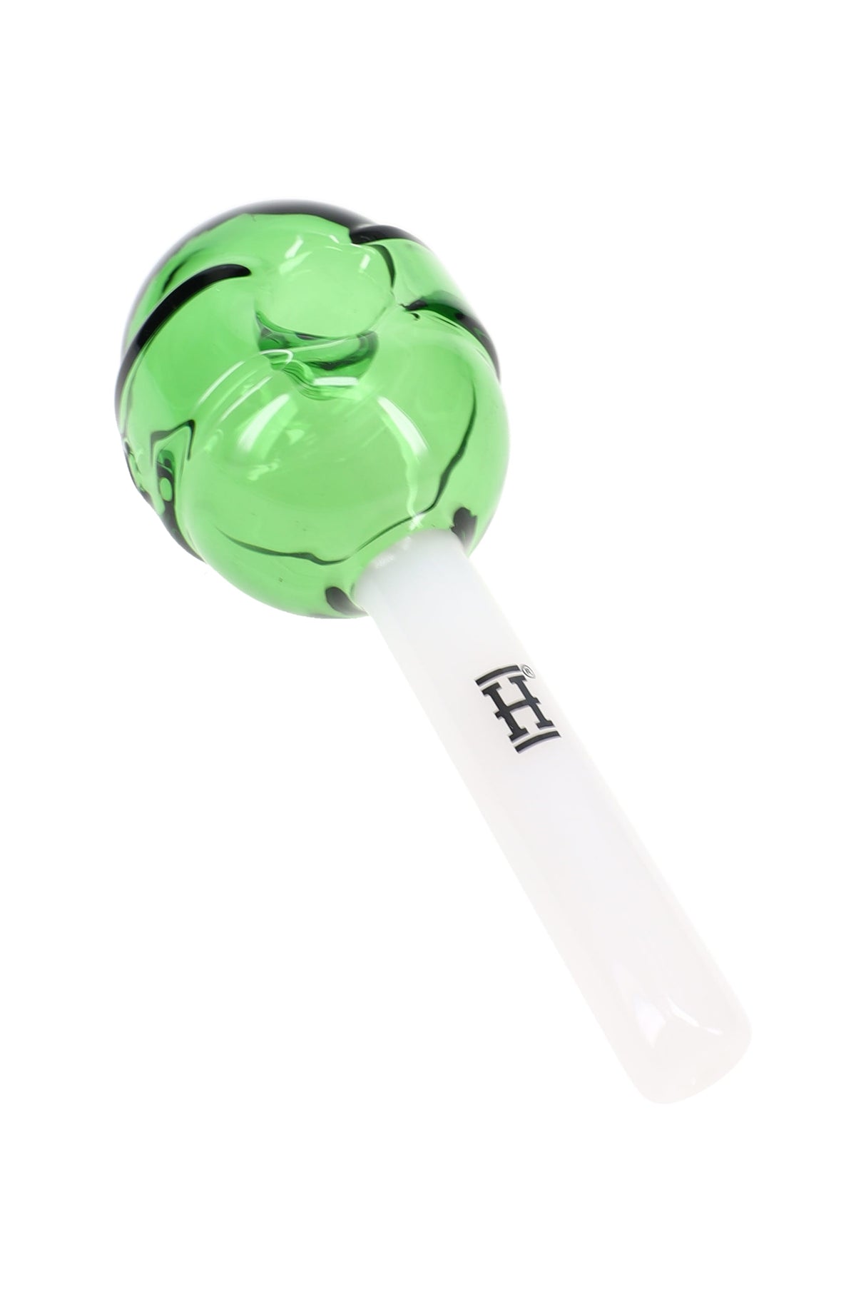 Angled close-up of green lollipop glass hand pipe with straight white stick mouthpiece, compact 4.5″ novelty piece