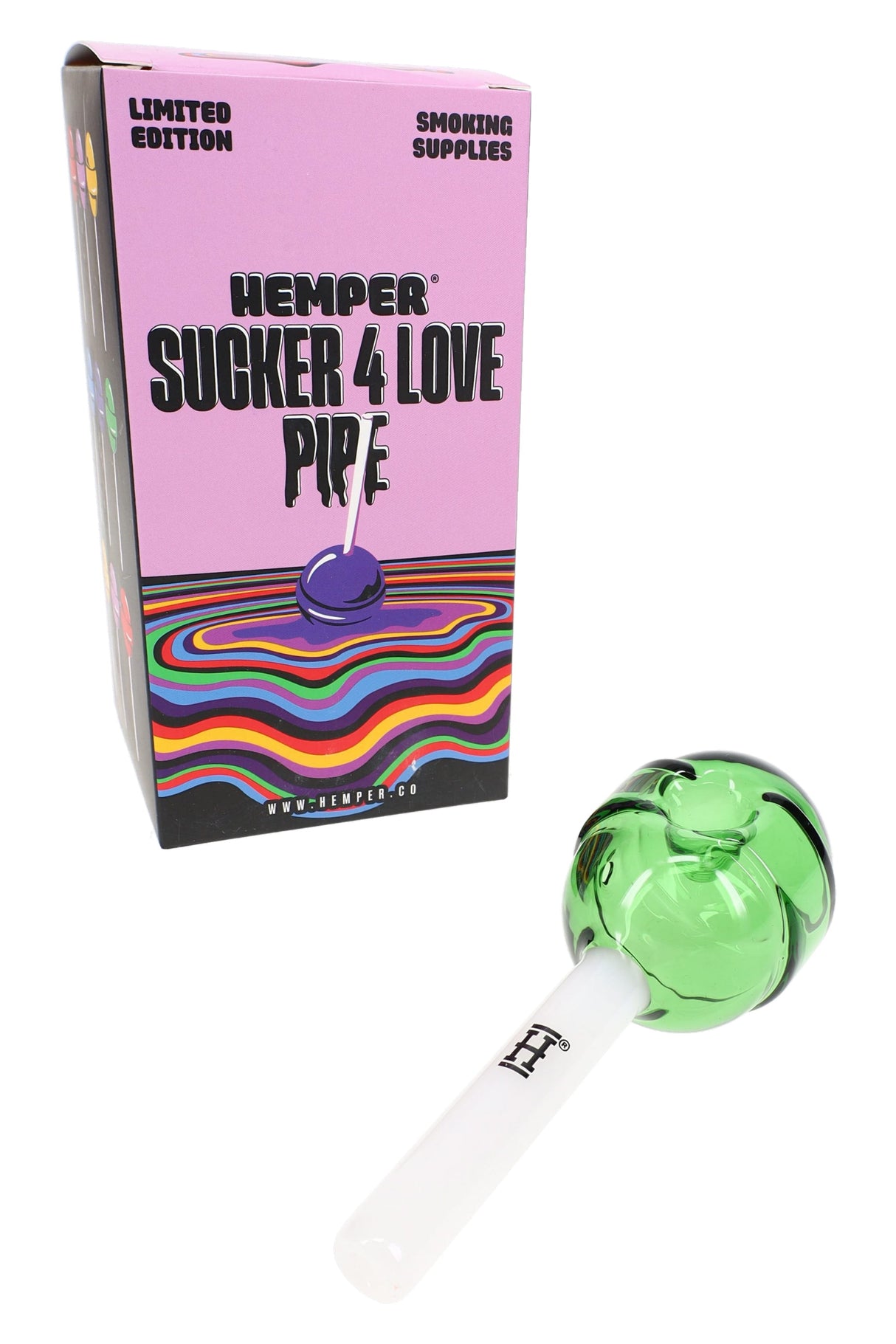 Hemper “Sucker 4 Love” lollipop glass hand pipe with retail box, translucent green head and white stick