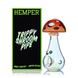 Hemper Trippy Shroom hand pipe beside retail box, front view showing mushroom theme and compact everyday size