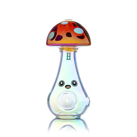 Close-up of psychedelic mushroom glass hand pipe showing detailed patterning and glossy glass finish for dry herb use