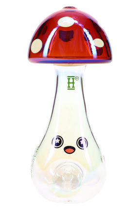 Angled view of trippy mushroom glass hand pipe showing swirl-style colors, sculpted mushroom cap, and mouthpiece