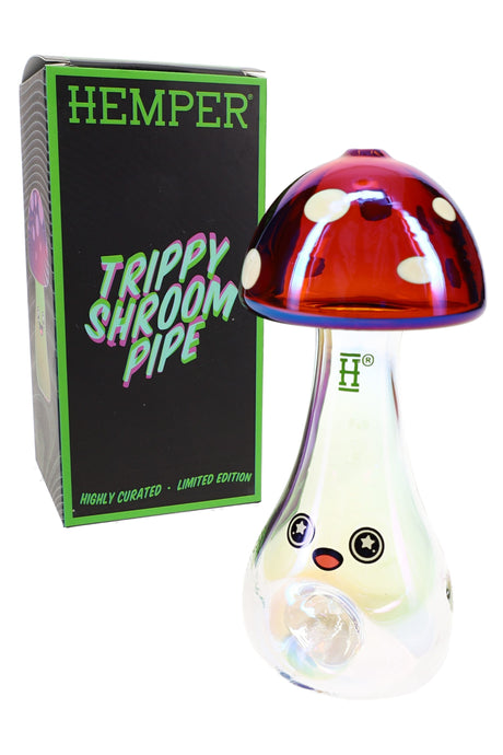 Hemper Trippy Shroom glass hand pipe with branded box, colorful psychedelic mushroom design in 4.5″ size