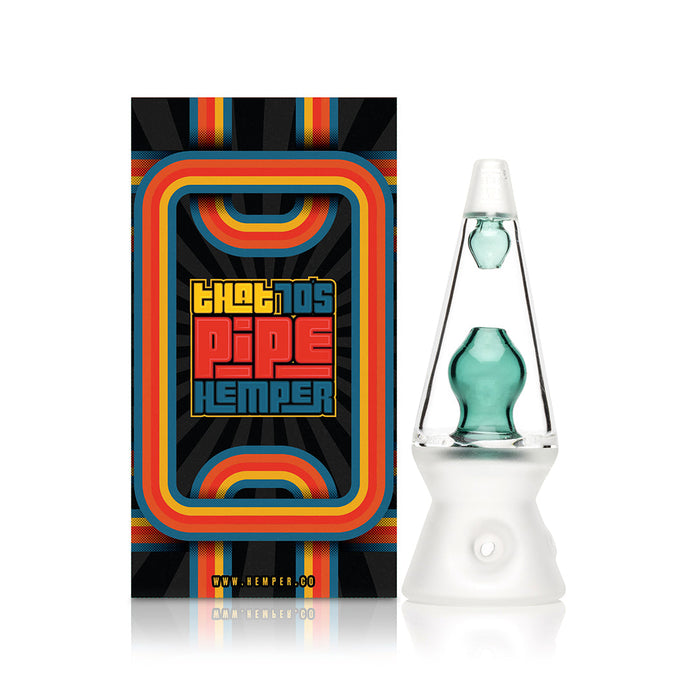 Hemper That 70’s teal lava lamp hand pipe standing beside branded retro box, giftable glass pipe display shot