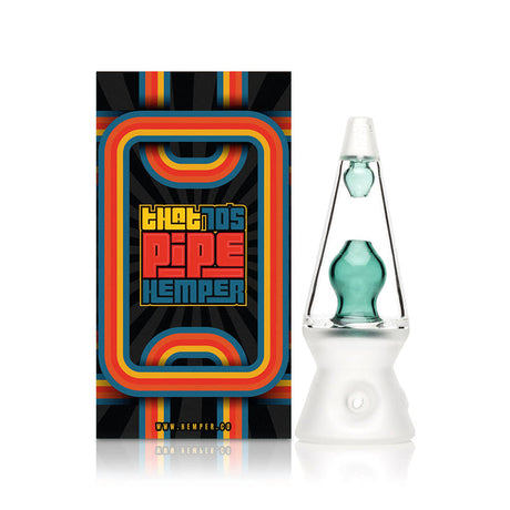 Hemper That 70’s teal lava lamp hand pipe standing beside branded retro box, giftable glass pipe display shot