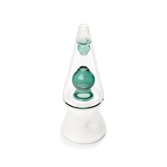 Angled top view of clear lava lamp–style glass hand pipe showing teal inner core and smooth mouthpiece opening