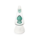 Angled top view of clear lava lamp–style glass hand pipe showing teal inner core and smooth mouthpiece opening
