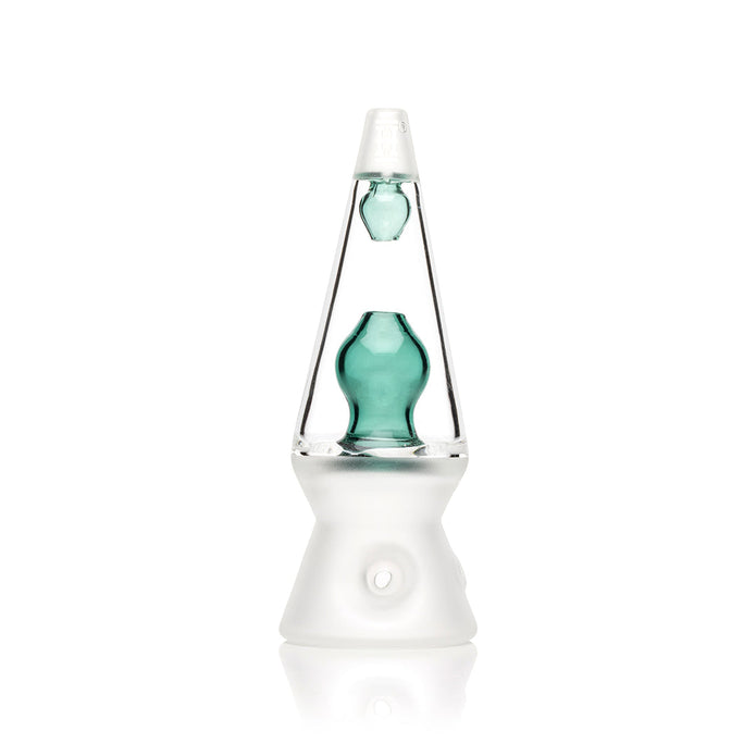 Straight-on studio photo of Hemper 70’s teal lava lamp hand pipe with clear outer profile and frosted base detail