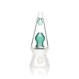 Straight-on studio photo of Hemper 70’s teal lava lamp hand pipe with clear outer profile and frosted base detail