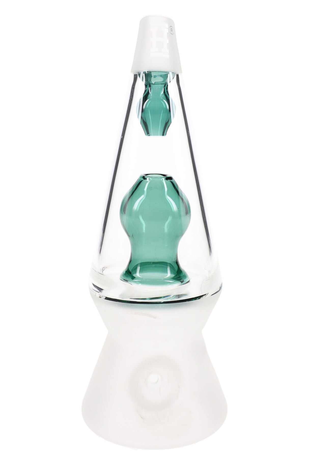 Front view of clear cone glass hand pipe with teal inner chamber and frosted base, compact 4.5″ dry herb piece
