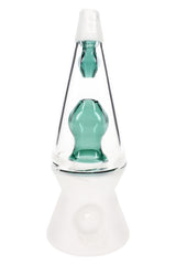 Front view of clear cone glass hand pipe with teal inner chamber and frosted base, compact 4.5″ dry herb piece