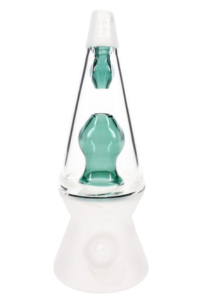 Front view of clear cone glass hand pipe with teal inner chamber and frosted base, compact 4.5″ dry herb piece