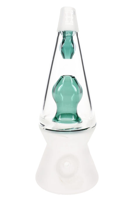 Front view of clear cone glass hand pipe with teal inner chamber and frosted base, compact 4.5″ dry herb piece