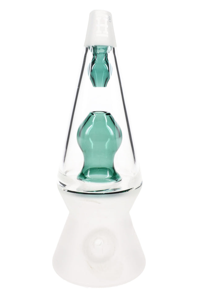 Front view of clear cone glass hand pipe with teal inner chamber and frosted base, compact 4.5″ dry herb piece