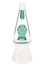 Front view of clear cone glass hand pipe with teal inner chamber and frosted base, compact 4.5″ dry herb piece