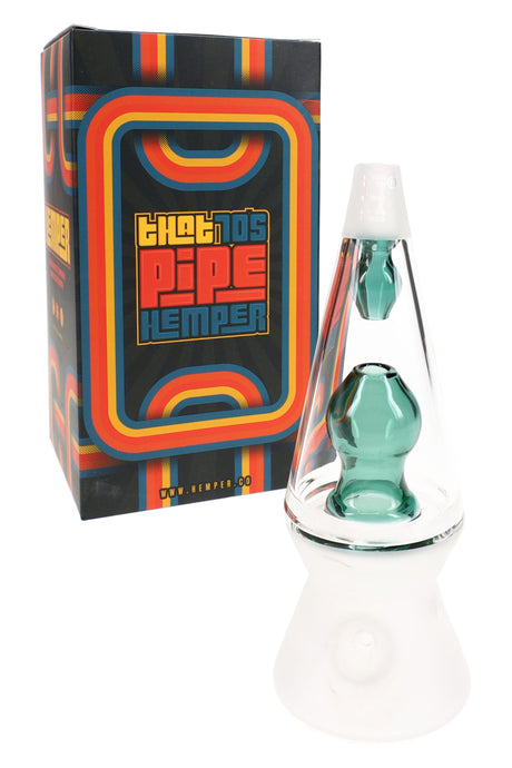 Boxed Hemper That 70’s teal lava lamp glass hand pipe, clear cone body with teal inner chamber on white backdrop