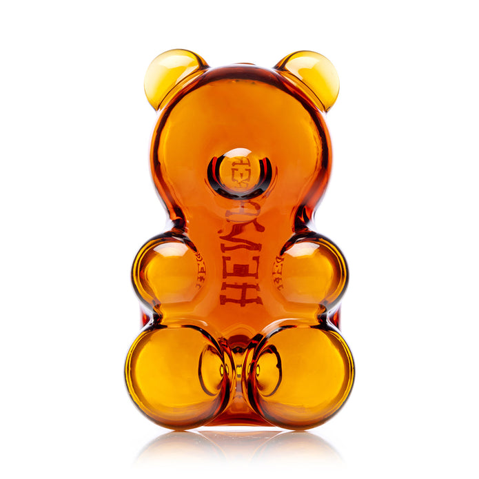 Close-up of gummy bear glass pipe highlighting the bear face and shiny translucent look, compact everyday hand pipe