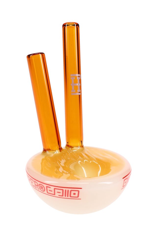 Angled ramen bowl glass hand pipe with textured “noodle” top and amber chopstick mouthpiece, giftable compact piece
