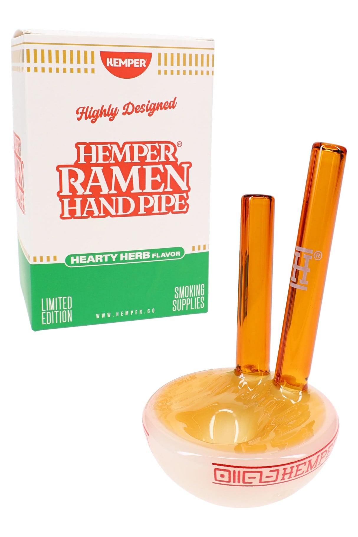 Boxed Hemper ramen bowl glass hand pipe with amber chopstick mouthpiece, compact novelty dry herb piece on white