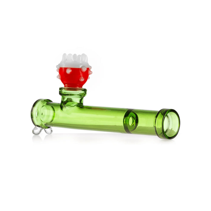 Side profile of Hemper Gaming Flower Piranha glass pipe showing side carb hole and deep bowl on red flower top