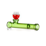 Side profile of Hemper Gaming Flower Piranha glass pipe showing side carb hole and deep bowl on red flower top