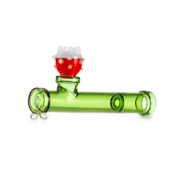 Alternate angle of 5″ Hemper Gaming Flower Piranha glass pipe, clear green tube body and bold red flower bowl