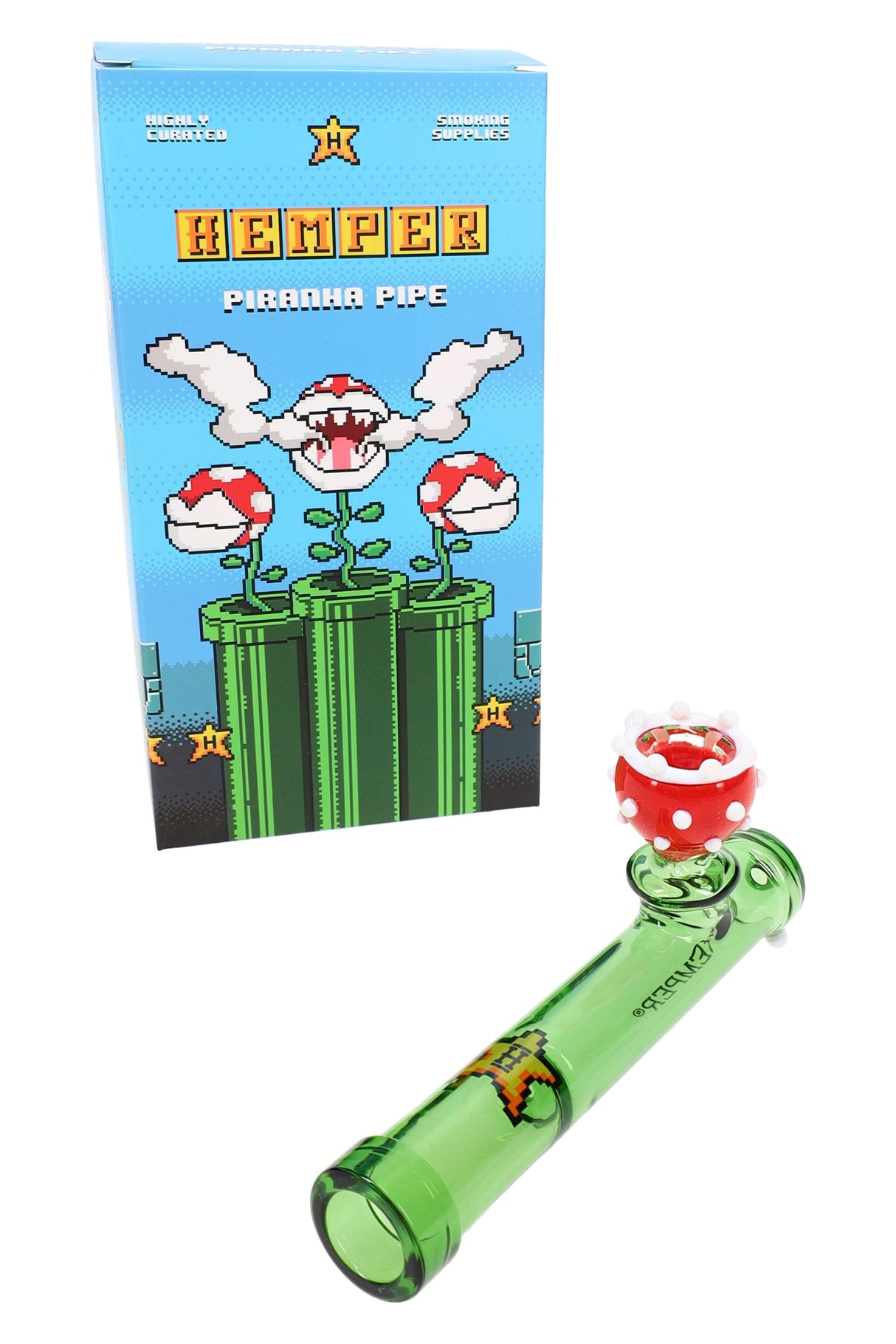 Hemper Gaming Flower Piranha glass hand pipe with box, green tube body and red flower bowl, 5″ novelty piece