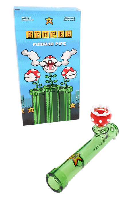 Hemper Gaming Flower Piranha glass hand pipe with box, green tube body and red flower bowl, 5″ novelty piece