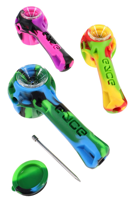 Assorted Eyce Gavel silicone spoon pipes with glass bowls, stash lid and poker tool, grouped on white background