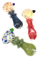Assorted 3½″ silver-fumed color-changing spoon pipe set with dotted bowls, frit texture, and marbles