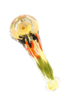 Silver-fumed glass hand pipe with green, orange, and black squiggle stripes and rounded spoon bowl