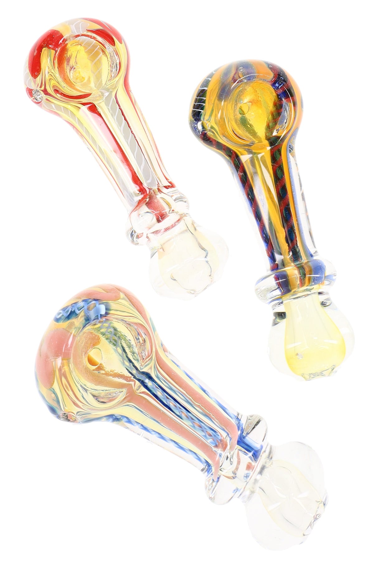 Assorted 3″ striped glass hand pipes with color-changing ring detail, three colorways shown on white background